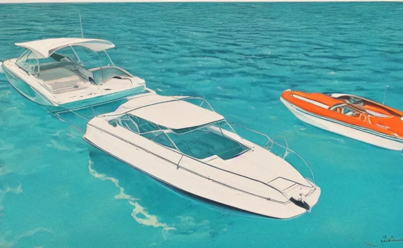 Prompt: photorealistic picture of a sport boat. turquoise water. miami. 8 0's style