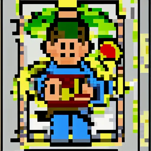 Prompt: pixel art of a farmer in a cathedral holding a red basketball