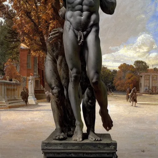 Image similar to statue of david Michelangelo stands in Rye, Rye (Shishkin), painting by Ivan Shishkin, David (Michelangelo) painting by Valentin Serov, oil painting, high resolution, hyperrealism
