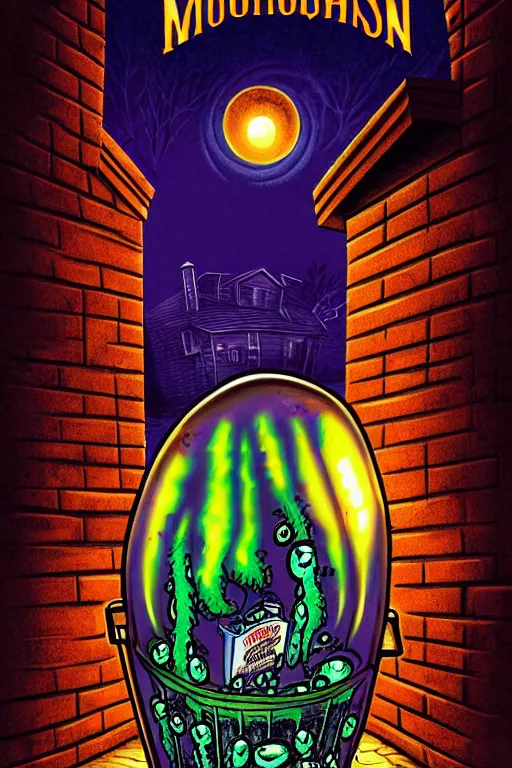 Image similar to a photorealistic vintage goosebumps cover art style illustration of a transparent jelly monster coming out of a garbage can in a dark alley way at night with moonlight casting shadows october autumn.