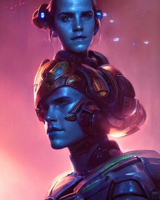 Image similar to portrait, emma watson in starcraft ii, sci - fi, futuristic armor with blue neon lights, space marine, dramatic lighting, highly detailed, digital painting, 3 d render, hyper realistic detailed portrait, greg rutkowski, wlop, ruan jia, peter mohrbacher