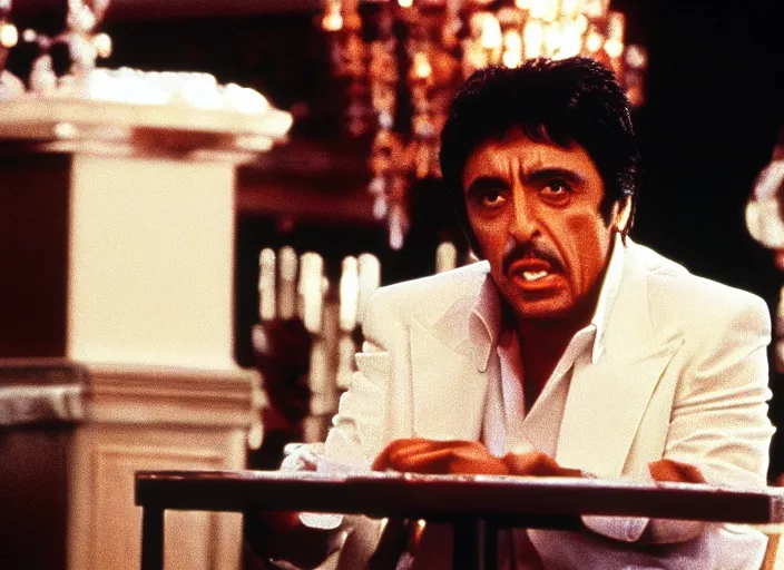 Image similar to tony montana from movie scarface 1 9 8 3 sitting behind a big black oak table with big large packages of flour. long shot. al pacino. perfect symmetric face, coherent eyes,, fine details, 4 k, ron cobb, cinestill