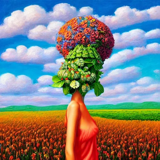 Image similar to giant flower head, frontal, woman standing in field, surreal photography, colorful clouds, impressionist painting, digital painting, artstation, rob gonsalves