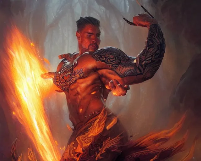 Image similar to handsome tattooed gym bro fire mage firebreath magic spell vfx, diagonal spell vfx, fantasy game spell, fantasy epic painting by artgerm, gaston bussiere, craig mullins, j. c. leyendecker, tom of finland