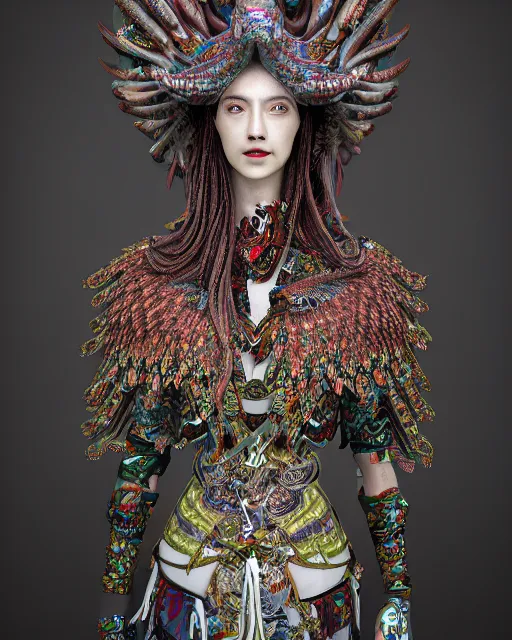 Image similar to 3 d warrior goddess medium shot portrait. beautiful hyperrealistic intricate highly detailed magpie helm and richly embroidered blouse, quetzalcoatl, korean hanbok, bioluminescent, curious, kintsugi, plasma, lava, ice, feather, artwork by tooth wu and chiara bautista, octane 3 d render