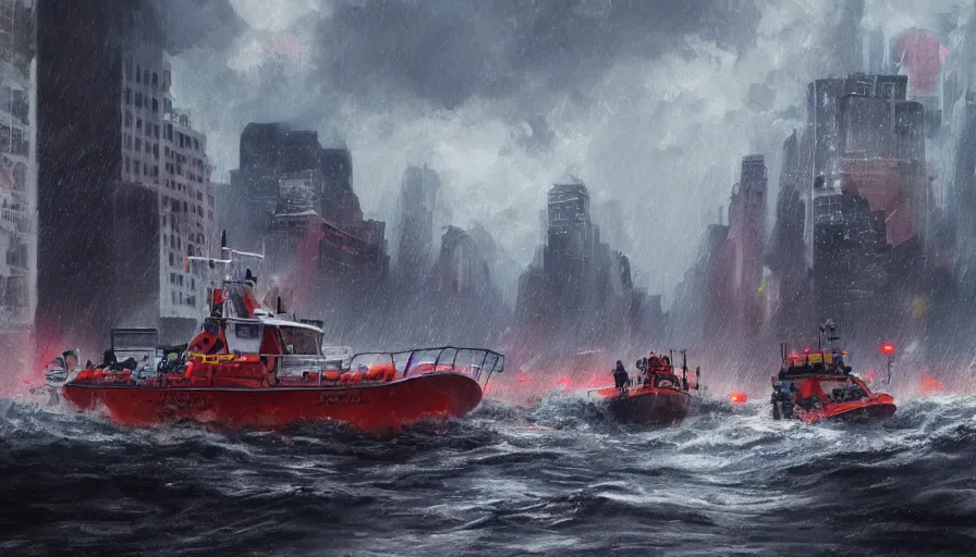 Prompt: rescue boat crossing new york city streets after a huge tsunami, cloudy sky, light, sirens, hyperdetailed, artstation, cgsociety, 8 k