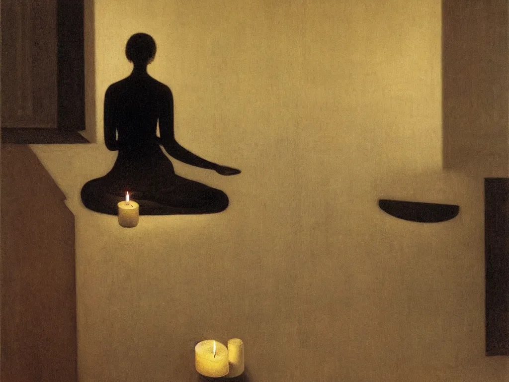 Prompt: meditative interior at night with candle. Vilhelm Hammershøi