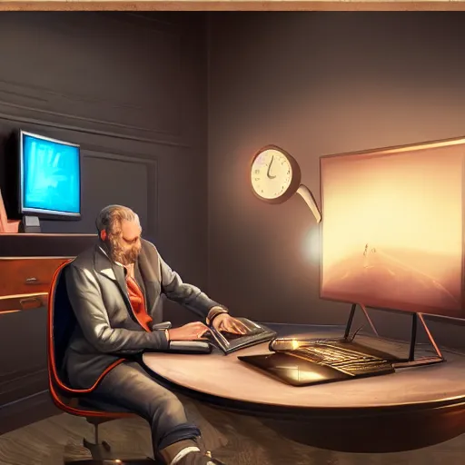 Prompt: realistic rich man using laptop in gaming room, artstation trends, future concept art, highly detailed, intricate, sharp focus, digital art, 8 k