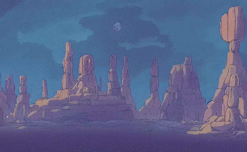 Image similar to a cell - shaded studio ghibli concept art from paprika ( 2 0 0 6 ) of a ufo with lights from close encounters of the third kind ( 1 9 7 7 ) sitting on top of a lush temple that looks like monument valley stonehenge jungle. a caravan is in the foreground. very dull colors, portal, hd, 4 k, hq