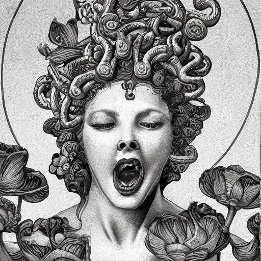 Image similar to detailed, portrait of medusa, screaming, surrounded by lotus flowers and geometry