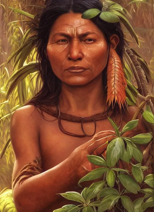 Image similar to a beautiful close up portrait of an indigenous woman preparing plant medicines in the jungle, highly detailed, art by christophe vacher