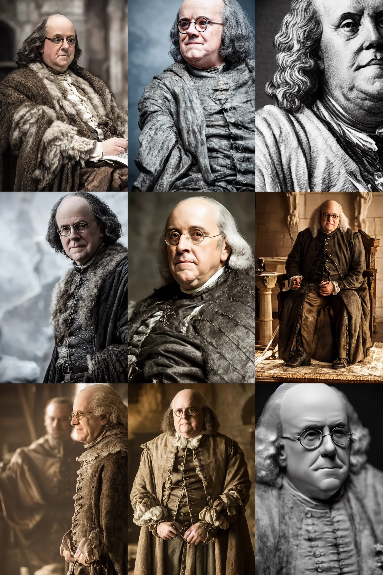 Prompt: benjamin franklin in game of thrones. dslr, 5 0 mm, f / 2. 8, studio lighting