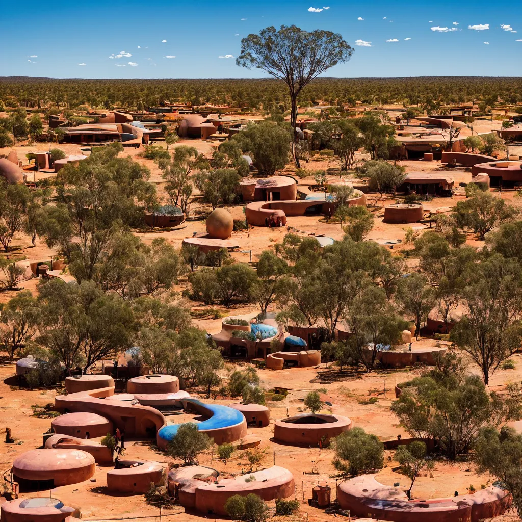 Prompt: village of beautiful earthships in the australian outback, parks, recreation, solar power, high technology, biomimetic, urban planning, XF IQ4, 150MP, 50mm, F1.4, ISO 200, 1/160s, natural light