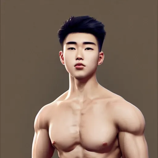 Image similar to a korean bodybuilder college boy, head to toe, bokeh, beautiful face!!!!, 2 3 years old, cg animation, lifelike, animated, realistic, character select portrait, by artgerm, greg rutkowski, alphonse mucha, 3 d