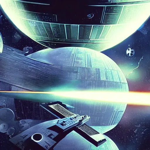 Image similar to space battle of second death star by dali, epic scope, cinematic lighting.