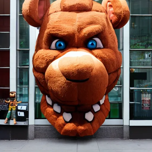 Image similar to giant Freddy Fazbear head in New York hyper realistic photo