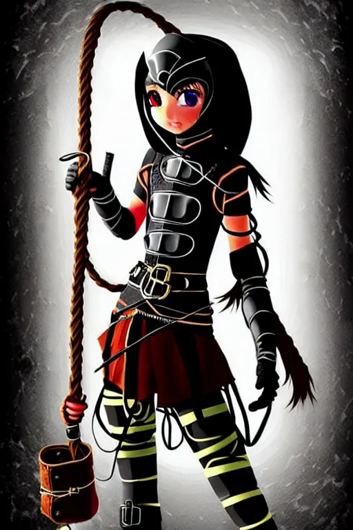 Image similar to A cute spaghetti-girl thief protagonist with leather-strap-armor and ninja weapons is exploring the tenth reality. A highly detailed fantasy character in the style of Tim Burton