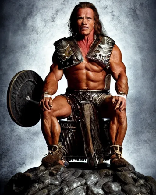 Image similar to arnold schwarzenegger as king conan, directed by john millius, photorealistic, sitting on a metal throne, wearing ancient cimmerian armor, a battle axe to his side, he has a beard and graying hair, cinematic photoshoot in the style of annie leibovitz, studio lighting