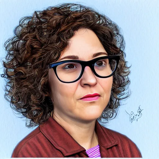 Prompt: A woman with light brown curly hair, brown eyes, wearing glasses, 3d portrait drawing