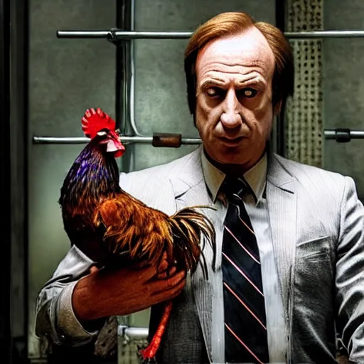 Image similar to saul goodman and a rooster in a saw movie torture chamber, jigsaw, saul goodman, rooster, photo