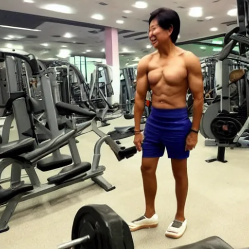 Image similar to bongbong marcos as gigachad flexing at the gym, muscular, on steroids,