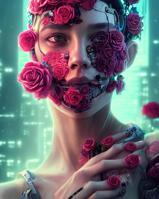 Image similar to portrait of a female face with roses instead of eyes, cyberpunk cyborg. roses, sci - fi, intricate abstract upper body intricate artwork, by tooth wu, wlop, beeple, dan mumford. concept art, octane render, deviantart, greg rutkowski, cinematic arthouse, key art, hyper realism, iridescent accents