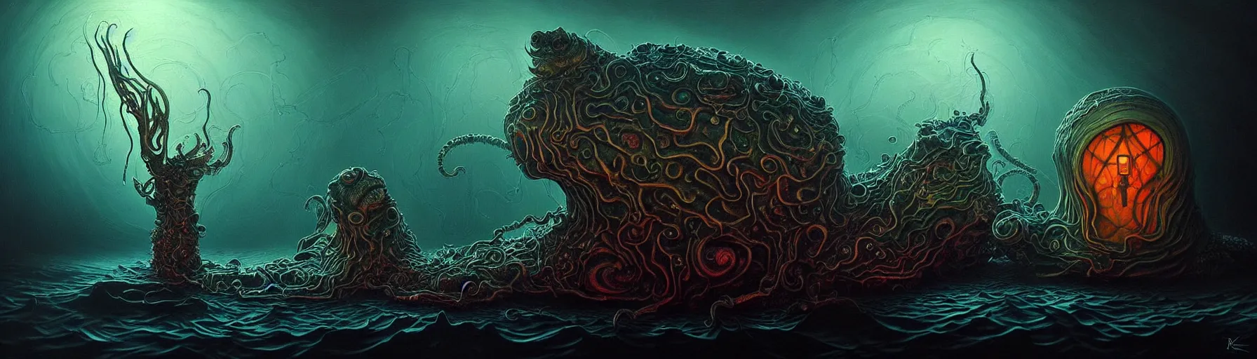 Image similar to strange cuttle fish like creatures from the depths of the imaginal realm, dark eerie dramatic lighting, detailed and atmospheric surreal darkly colorful painting by ronny khalil