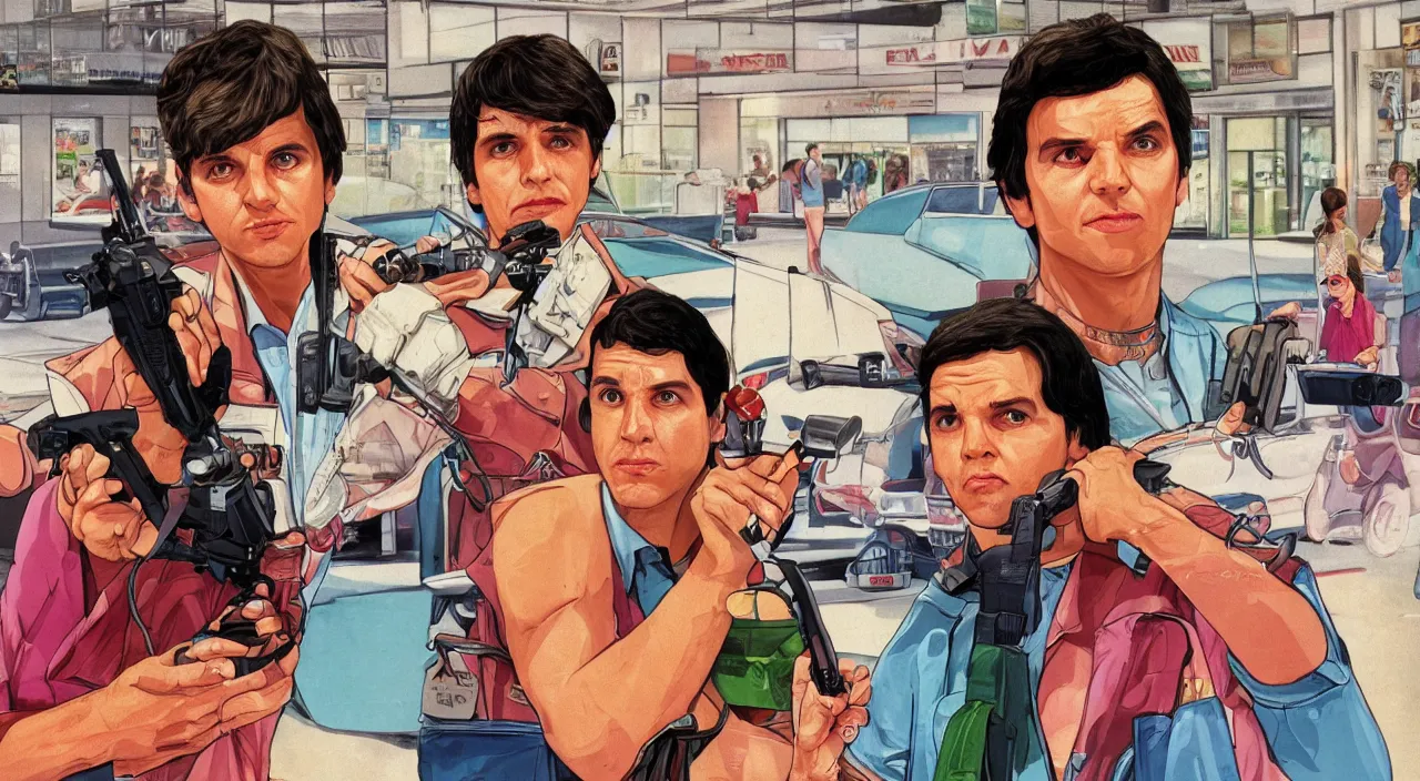 Image similar to GTA V illustration of 1980s Ralph Macchio on the cover of GTA V, in the food court of a 1980’s shopping mall