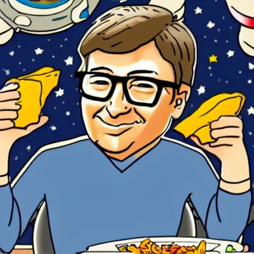 Prompt: Bill Gates eating burritos in outer space. Cartoon style.