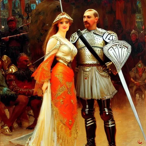 Image similar to attractive fully clothed alexander lukashenko confesses his love for his attractive fully clothed vladimir putin knight. highly detailed painting by gaston bussiere and j. c. leyendecker 8 k