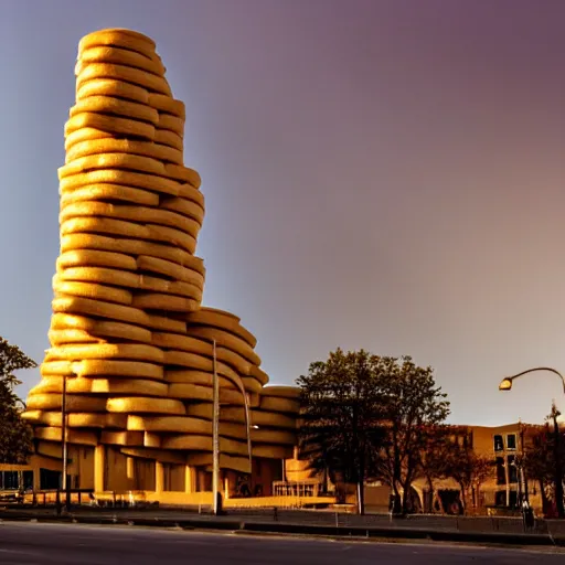 Prompt: a towering impressive building made of bread, cheese, and lunchmeat, dramatic lighting, bokeh, designed by frank gehry