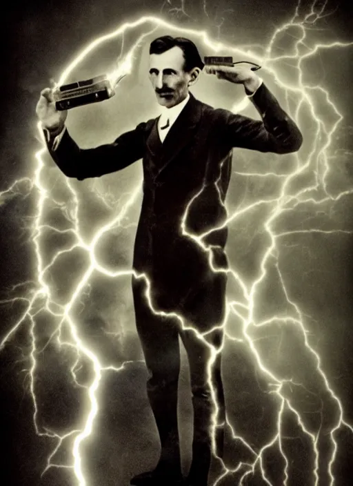 Image similar to color photograph of Nikola Tesla Nikola Tesla holding a futuristic tesla gun with lightning, futuristic, tesla coil, futuristic weapon, dynamic lightning, 4k, hyper realistic, modern photograph, digital art