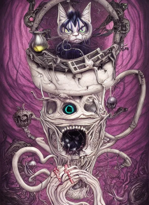 Prompt: cheshire cat having tea death tarot card, highly detailed, half skull face, cinematic, 8 k, bymegan duncanson, benjamin lacombe, naoto hattori, adrian borda, giger, trending on deviantart, hyper detailed, horror, full of colour