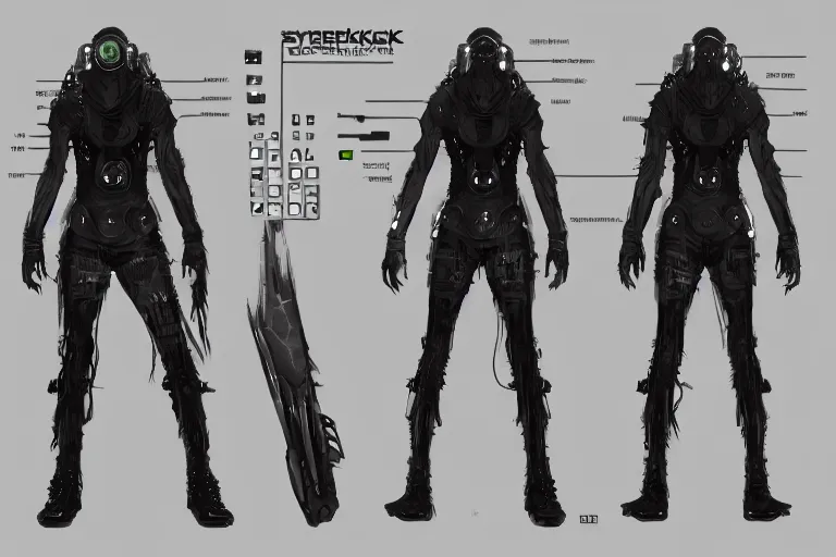 Image similar to Cyberpunk god, artstation character reference sheet