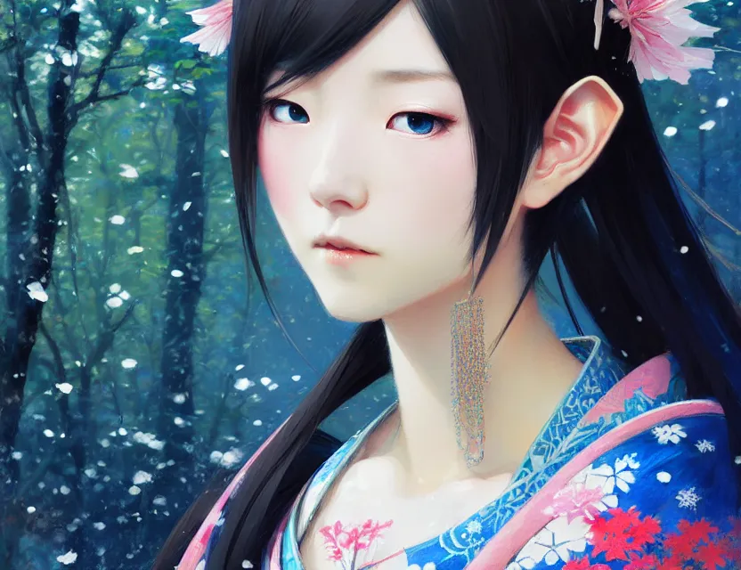 Image similar to a beautiful shibuya 1 0 9 female elf with haori and kimono decollete and jewelry | | snowy, realistic shaded, unpleasant face, channel, fasion, fine details, realistic shaded lighting poster by makoto shinkai, jeremy lipkin, michael garmash, magali villeneuve, artgerm, jeremy lipkin and michael garmash