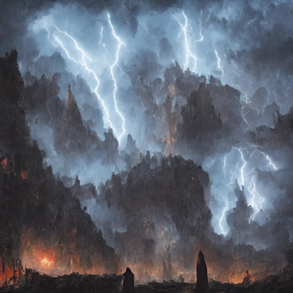 Image similar to a still of a cloaked figure standing in the ruins of crux prime, monastery, there is lightning, blue fiery maelstrom in the distance, it is raining, digital art, artstationhq