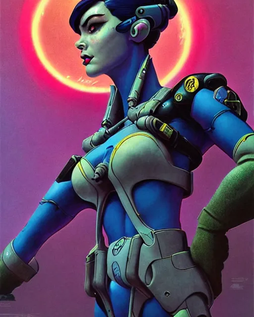 Image similar to widowmaker from overwatch, character portrait, portrait, close up, concept art, intricate details, highly detailed, vintage sci - fi poster, retro future, in the style of chris foss, rodger dean, moebius, michael whelan, and gustave dore