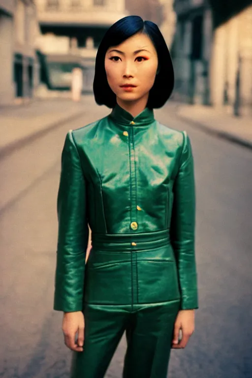 Prompt: ektachrome, 3 5 mm, highly detailed : incredibly realistic, youthful asian demure, perfect features, gentle buzz cut, beautiful three point perspective extreme closeup 3 / 4 portrait photo in style of chiaroscuro style 1 9 7 0 s frontiers in flight suit cosplay paris street photography vogue fashion edition
