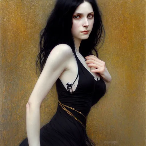 Image similar to Portrait of a beautiful, pale skin, female with long black hair, dark, piercing eyes, gentle expression, elegant clothing, photorealistic, highly detailed, artstation, smooth, sharp focus, art by Klimt, artgerm, Greg Rutkowski and Alphonse Mucha