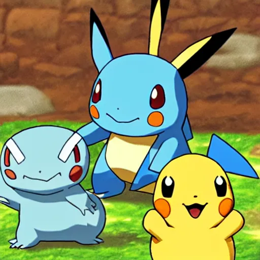 Prompt: Pikachu, squirtle, and charmander in a mystery dungeon