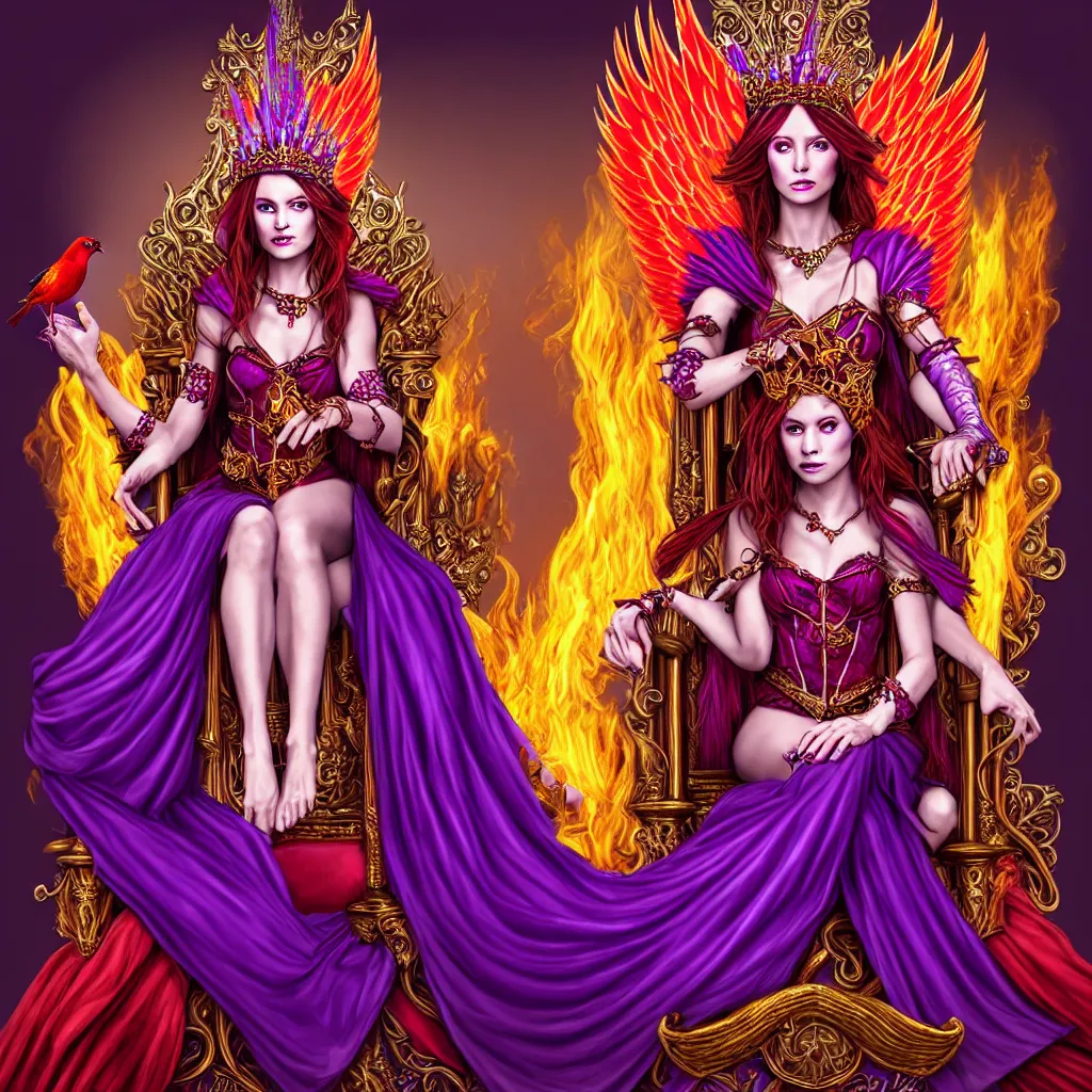 Image similar to Princess sorceress with red flaming bird wings on her back and sitting on an ornate throne dressed in a fancy purple dress, beautiful realistic face, Fantasy, Full Portrait, High detail, realistic, planeswalker