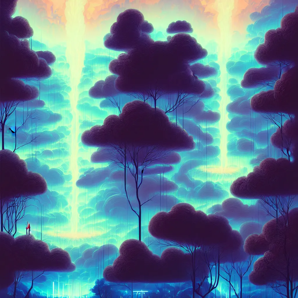 Image similar to illustration of a data-center, connector, firewall, cloud, security, river, trees, thunderstorm, trending on Artstation, painting by Jules Julien, Leslie David and Lisa Frank and Peter Mohrbacher and Alena Aenami and Dave LaChapelle muted colors with minimalism