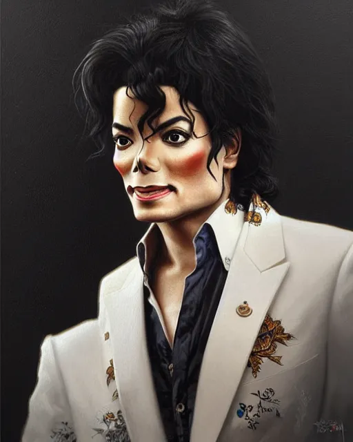 Prompt: Portrait of Michael Jackson & Michael Mcintyre in Ibiza,real life skin, intricate, elegant, highly detailed, artstation, concept art, smooth, sharp focus, art by artgerm and greg rutkowski and alphonse mucha