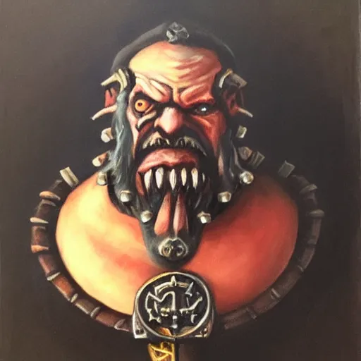 Prompt: chaos dwarf smith from warhammer fantasy : : head and torso oil painting