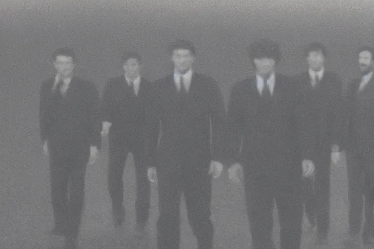 Prompt: 8 mm film still, blurry, grainy, liminal, unsettling, group of tall men in suits in a field at night, rain, flash on, dark midnight