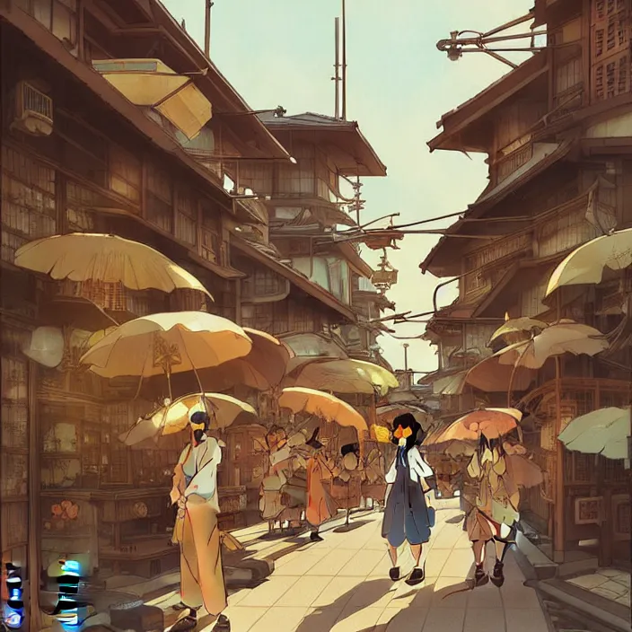 Image similar to japanese city, summer, in the style of studio ghibli, j. c. leyendecker, greg rutkowski, artem