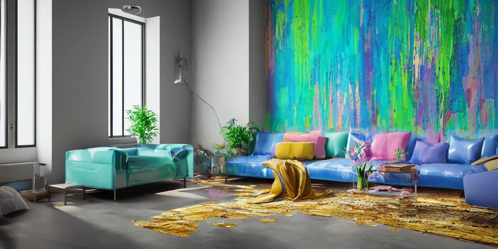 Prompt: a modern indoor room covered with insanel detailed splahing colorfull liquid oilpaint drips, clean architecture, pastel colored, baroque, a couch, a couch table, daylight, peaceful, 8 k, octane render