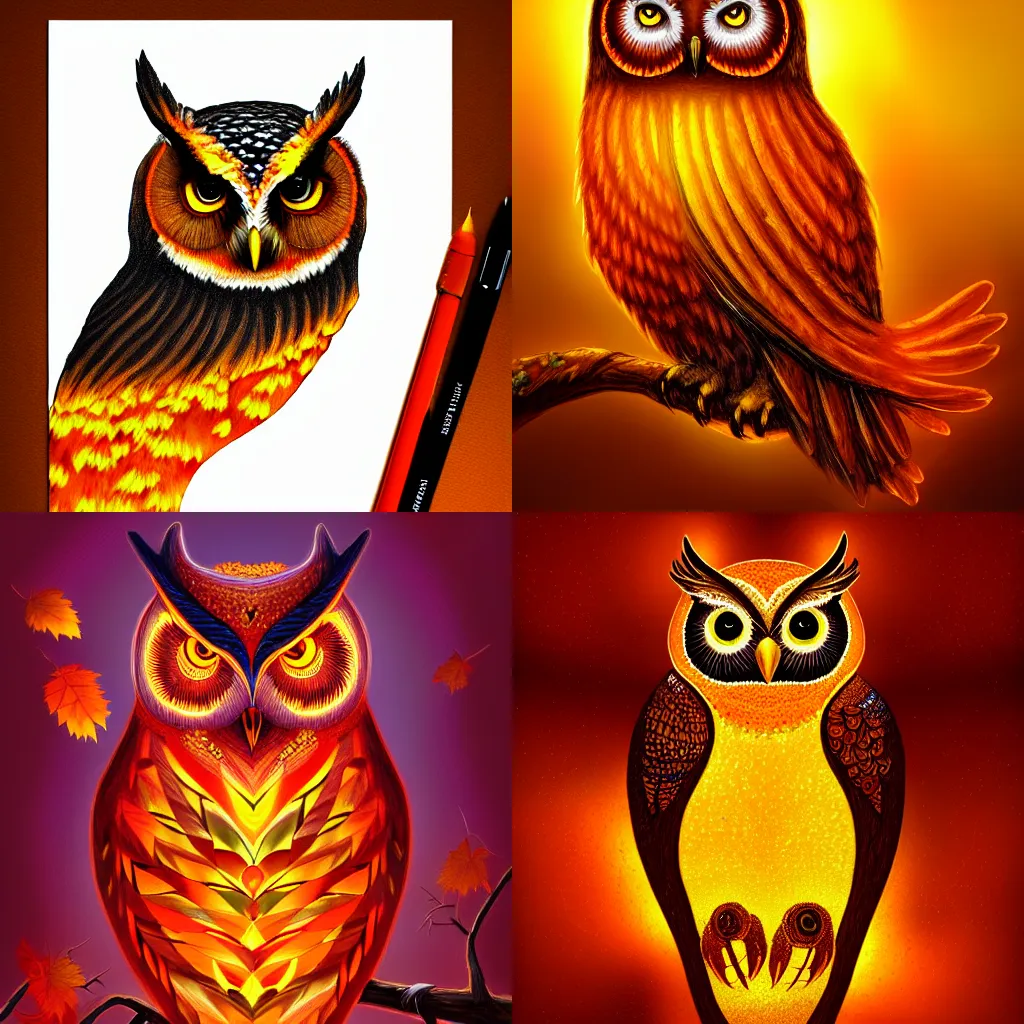 Prompt: radiant owl, glowing amber, autumn colors, highly detailed, digital art, sharp focus, trending on art station