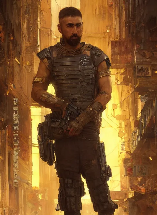 Image similar to gengis khan. cyberpunk police trooper in a military vest ( blade runner 2 0 4 9, cyberpunk 2 0 7 7 ). orientalist portrait by john william waterhouse and james gurney and theodore ralli and nasreddine dinet, oil on canvas. cinematic, hyper realism, realistic proportions, dramatic lighting, high detail 4 k