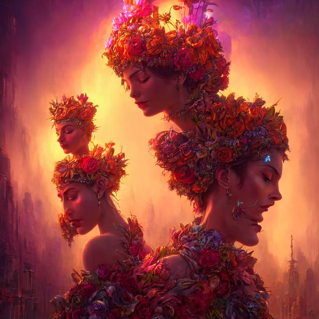 Image similar to Beautiful 3d render of the flower queen goddess in a sensual pose, atmospheric lighting, painted, intricate, volumetric lighting, beautiful, rich deep colours masterpiece, sharp focus, ultra detailed, in the style of Dan Mumford and marc simonetti, with a crowded futuristic cyberpunk city in the background, astrophotgraphy